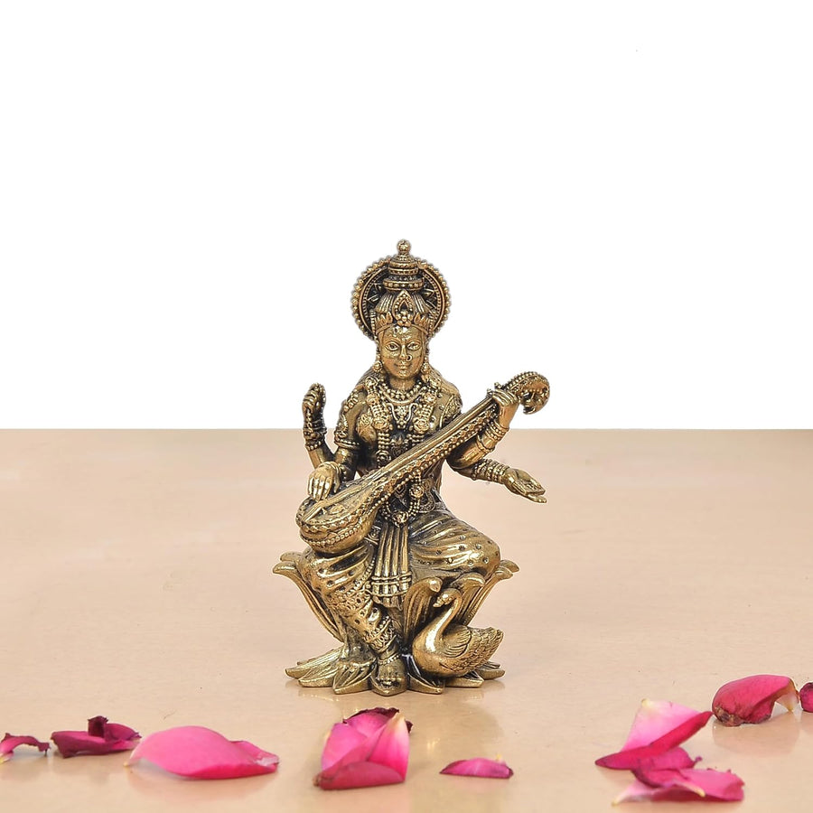 Superfine Brass Maa Saraswati Statue Suited for School Bag (Height 4 Inch) Craft Detail