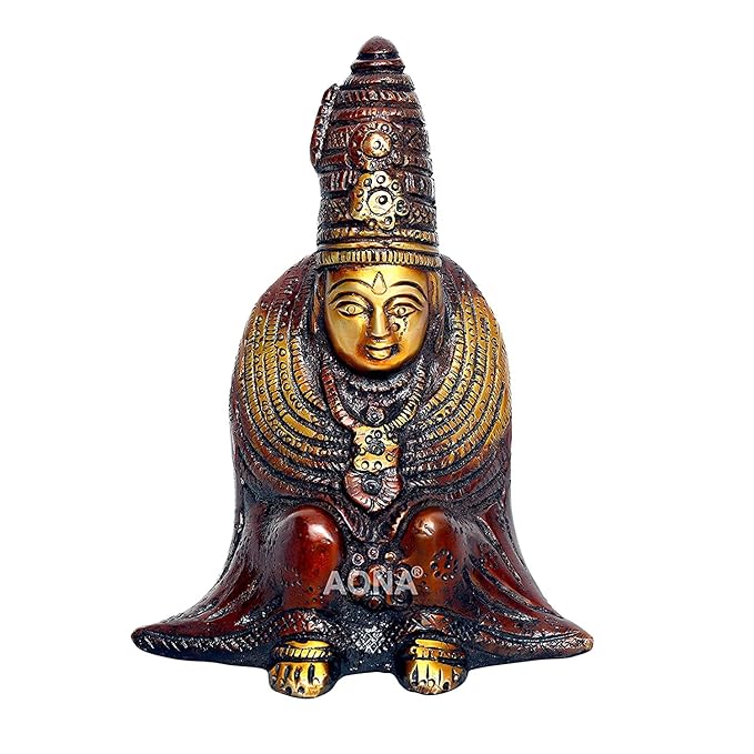 Tulja maa brass idol statue, 10-inch, front face with ornate crown and necklace