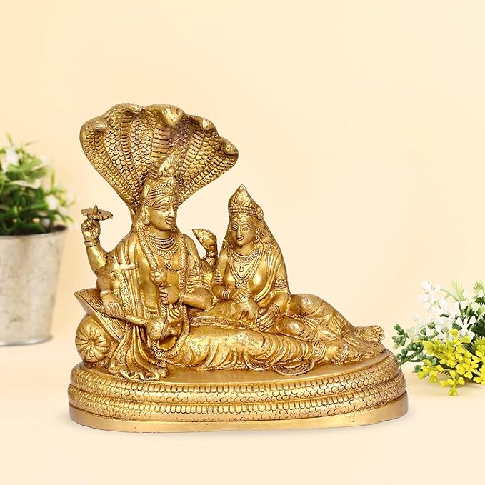 Brass Vishnu Lakshmi Idol Statue One Base Giving Blessings for Home Decor | Height : 13 Inches Craft Detail