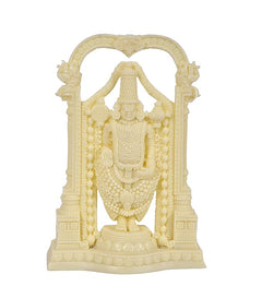 Ivory Tirupati Balaji idol front view with detailed jewelry and arched frame