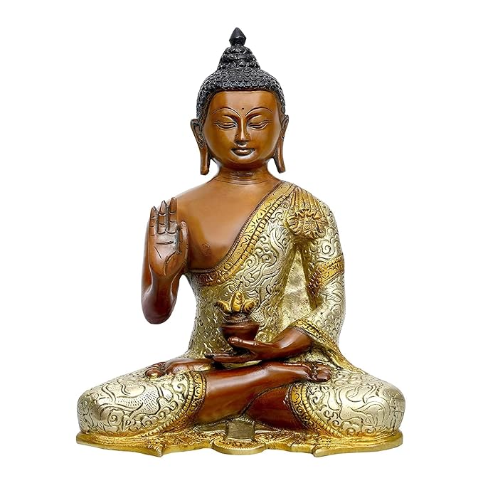 Brass Buddha Statue Idol Giving Blessings in Multicolor for Home Decor Height : 10 Inches