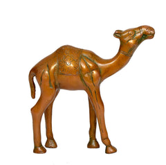 Brass camel figurine side view, engraved patterns on body and legs