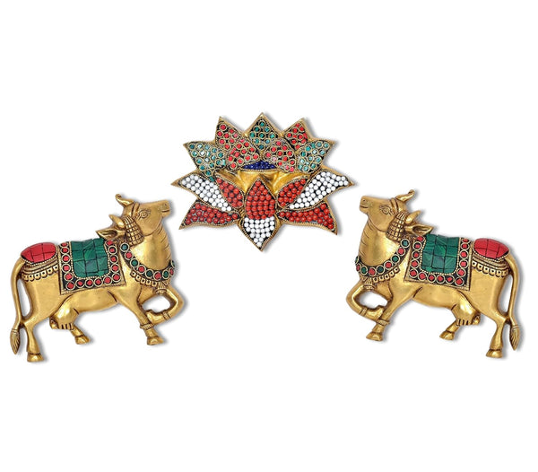 Brass Kamdhenu Cow with Lotus Flower Wall Hanging for Home Decor and Ofice Wall Decor Vastu Pooja Figurine | Pack of 3| (Height:5 inch) (Multicolor Kamdhenu Cow with Lotus Flower 1)