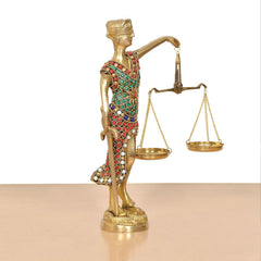 Brass Lady Justice idol holding balance scales, ornate jeweled bodice and skirt