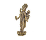 Brass Dhanvantri 6-inch statue, side view showing four arms, ornate ornaments, lotus base