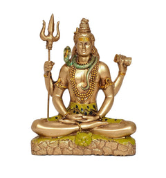 Seated Shiva resin figurine with trident raised and damaru, green patterned base, gold tone