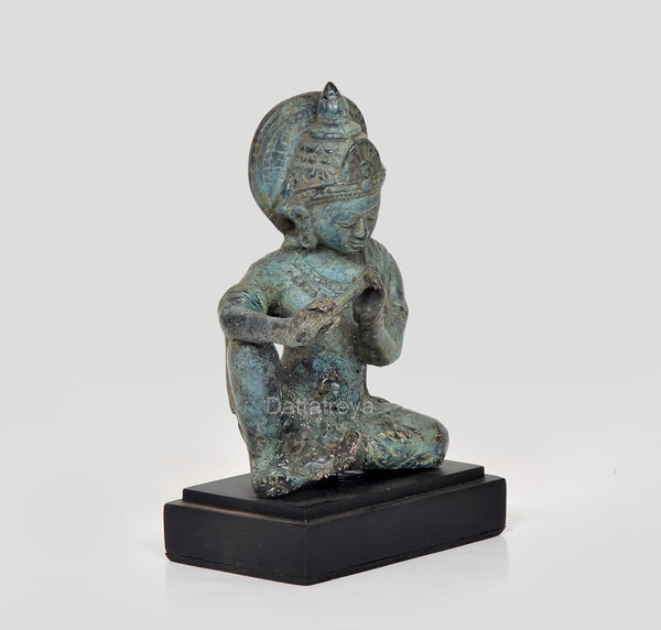 Vintage Indonesian Bronze Krishna Sitting Statue with Flute (Height 7 Inch) Study Setting