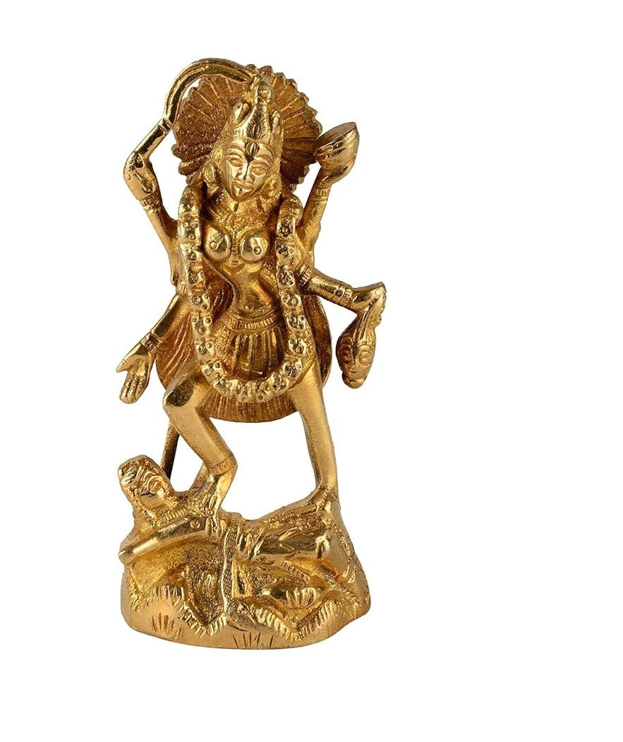 Brass Maa Kali statue idol, 8 inch height, standing figure with detailed ornaments