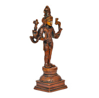 Brass Lord Shiva statue angled side view, four arms, engraved details, on pedestal base