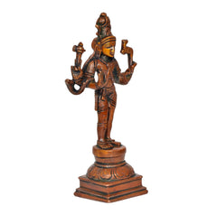 Brass Lord Shiva statue angled side view, four arms, engraved details, on pedestal base