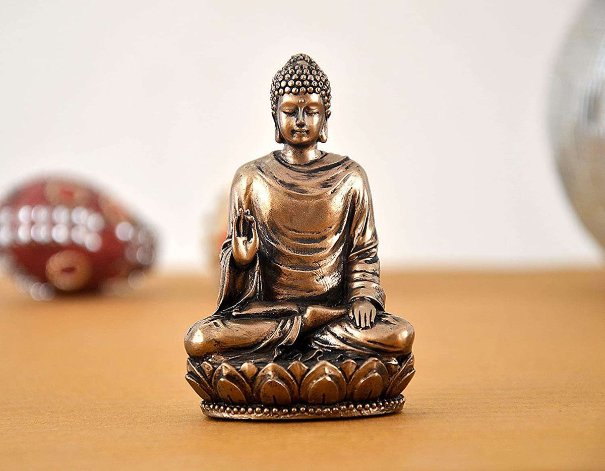 Polyresin Buddha statuette, 3 in: seated with prayer hands, gold-tone finish
