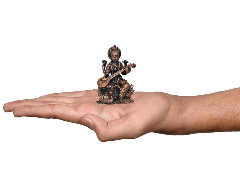 Copper Goddess Saraswati Sitting with Swan Devi of Study Maa Saraswati (Height: 2.5 Inch)