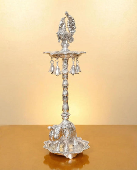 Metal Silver Peacock Oil Lamp Diya Stand for Home Pooja Antique Items Gift Items Deepam Diwali Home and Office Decor (Height:20 Inches)