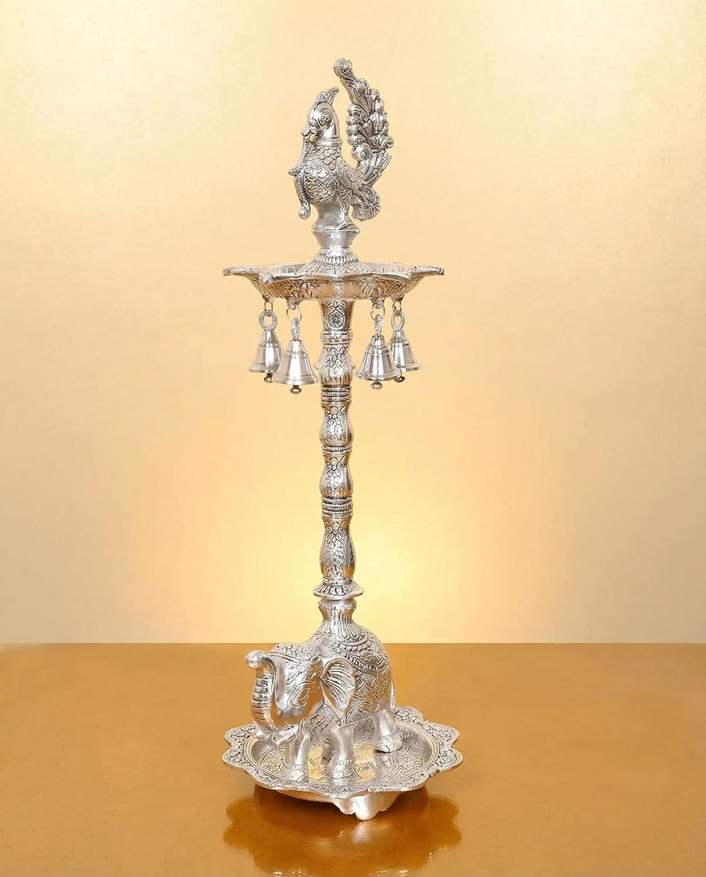 Metal Silver Peacock Oil Lamp Diya Stand for Home Pooja Antique Items Gift Items Deepam Diwali Home and Office Decor (Height:20 Inches)