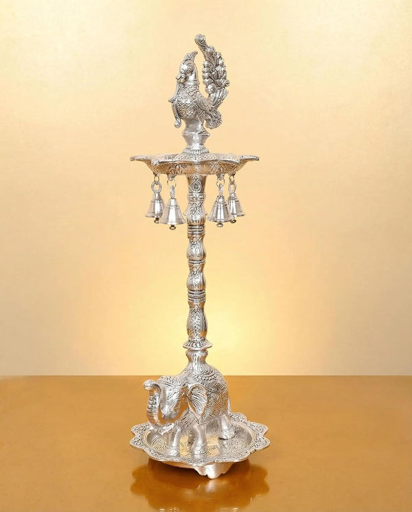 Metal Silver Peacock Oil Lamp Diya Stand for Home Pooja Antique Items Gift Items Deepam Diwali Home and Office Decor (Height:20 Inches)