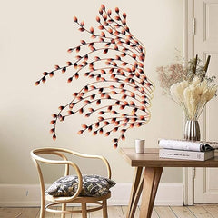 Iron Pink metal leaf tree wall art, curled branches with pink and black leaf tips.