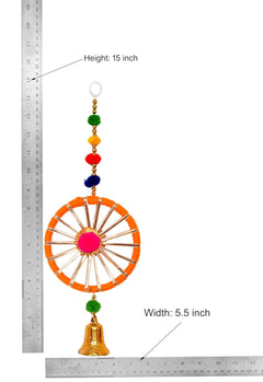 Size view of toran latkan: 15 in height, 5.5 in width, orange striped round disc with pink center
