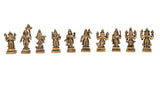 Gold-toned brass Dashavatara ten avatar figurines, front view, on pedestal bases.