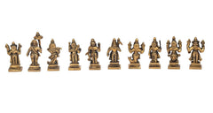 Gold-toned brass Dashavatara ten avatar figurines, front view, on pedestal bases.