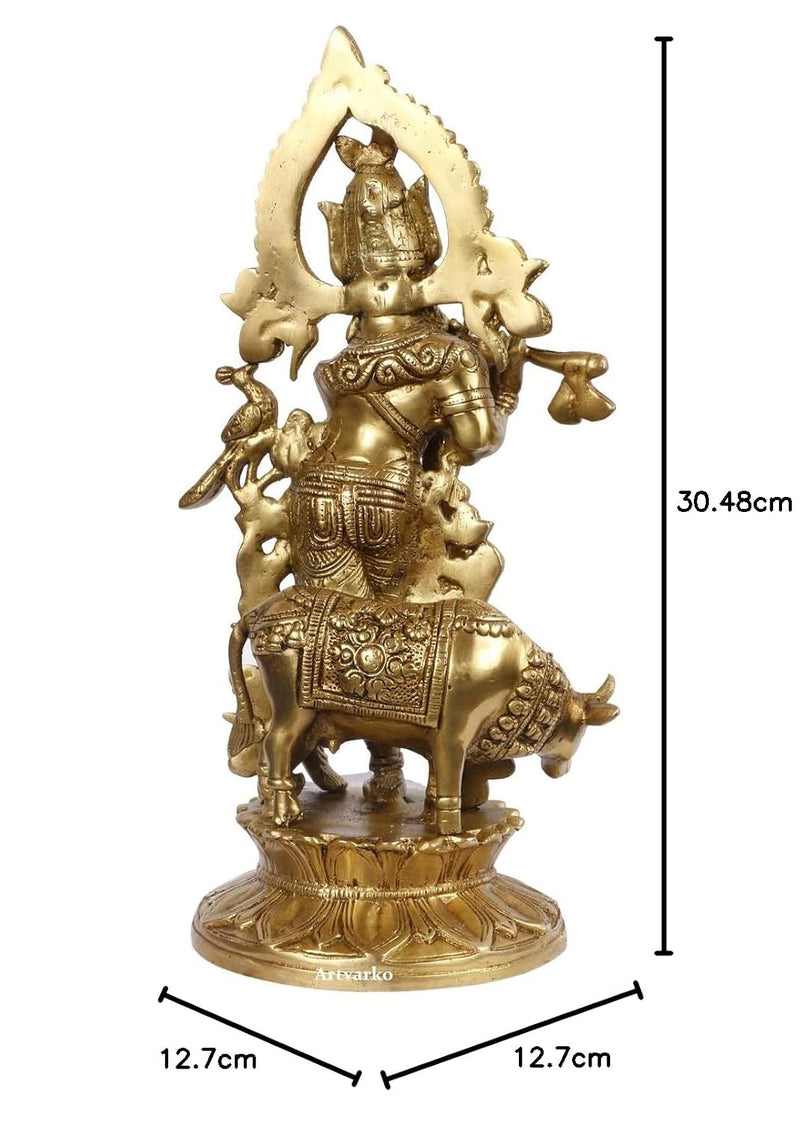 Brass Gold Lord Bhagwan Krishna Murti with Flute with Cow Statue for Home Temple Decor (Height: 12 Inches)