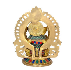 Back view Ganesha brass statue with detailed halo and multicolor beaded waist cloth