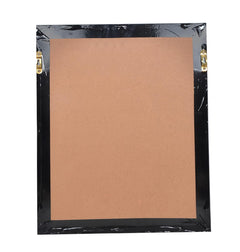 Back of framed wall hanging with black backing board and metal hanging hooks