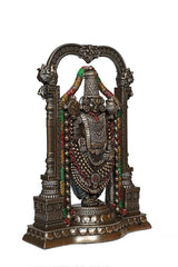 Balaji idol side profile in antique bronze, arched frame with multicolor bead garlands