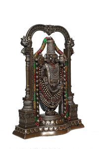 Balaji idol side profile in antique bronze, arched frame with multicolor bead garlands