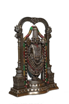 Balaji idol side profile in antique bronze, arched frame with multicolor bead garlands