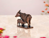 Copper cow and calf pooja mandir figurine, side view, ornate embossed saddle