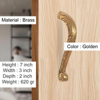 Brass door pull handles pair in golden, curved ornate design on wood panel.