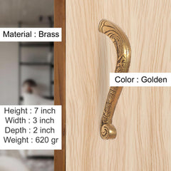 Brass door pull handles pair in golden, curved ornate design on wood panel.