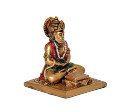 Hanuman JI resin idol three-quarter view, red robe, green cloth, gold body on base
