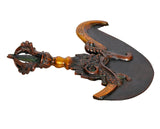 Brass dorje flaying knife top, curved dark blade with orange-gold edging and detailed carvings
