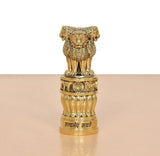 Bronze Ashoka Stambh front view with lion figure, ringed base, and Devanagari band.