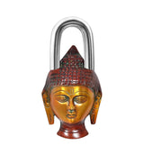 Buddha face padlock with arched shackle, red headpiece and gold-toned face