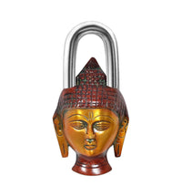 Buddha face padlock with arched shackle, red headpiece and gold-toned face