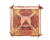 Brass Shri Yantra chowki square back panel, red ties, engraved geometric patterns and frame
