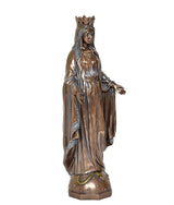 Mother Mary resin statue side view, blue trim on robe and crowned head, bronze finish