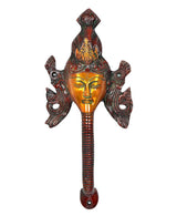 Multicolor brass Buddha face door pull with detailed swirls and closed eyes