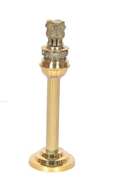 Brass Ashoka stambh showpiece, ribbed column with lion cap and wide round base