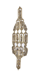 Brass Dashavatara wall hanging from front view with multiple framed deity statues