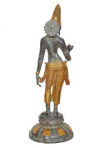Brass Uma Parvati statue back/side view, flared gold dhoti, ornate pedestal base