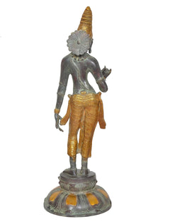 Brass Uma Parvati statue back/side view, flared gold dhoti, ornate pedestal base