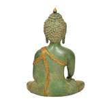 Back view of seated Buddha statue, brass green finish, lotus base with gold robe trim