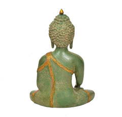 Back view of seated Buddha statue, brass green finish, lotus base with gold robe trim