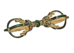 Brass small Dorje with ornate eight-pronged design and green center bead