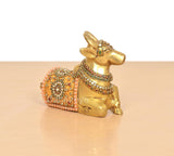 Gold-toned brass Nandi idol with Meenakari beadwork, alternate side angle, seated