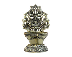 Ornate brass Laxmi oil lamp diya with detailed front, 4-inch height