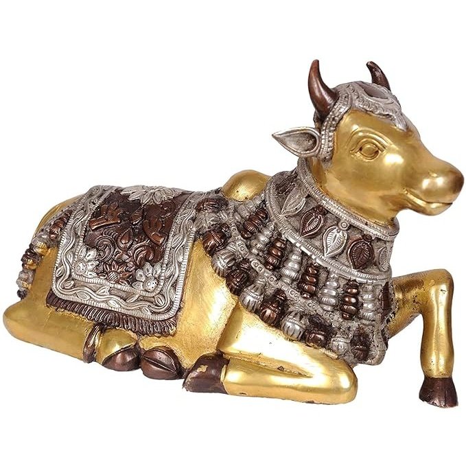 Brass Nandi statue, Lord Shiva’s vehicle figure, 6 inch, detailed engravings on body